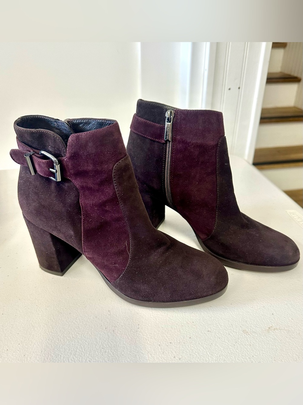 Aquatalia Suede Ankle Boots in Plum and Brown